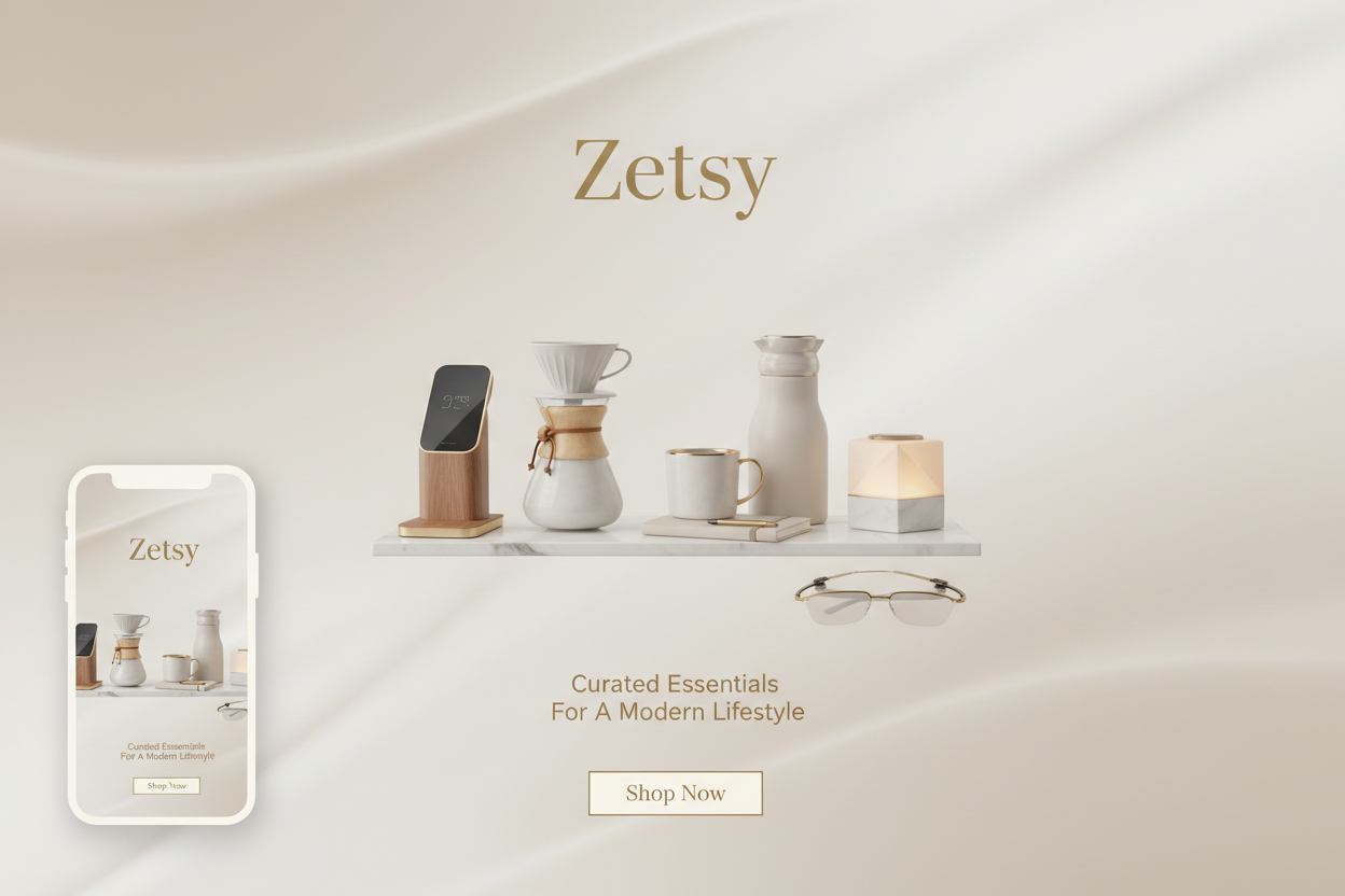 “Create a clean, elegant, premium eCommerce website banner for the brand Zetsy. Design the banner in a fully responsive aspect ratio that displays perfectly on both mobile (1080×1350) and desktop/laptop screens (1920×650). Use smart spacing and a centered layout to ensure all key elements scale beautifully across devices. Incorporate a luxurious minimalist aesthetic with soft lighting, warm neutrals, beige tones, ivory white, and subtle gold accents. Showcase a curated mix of premium daily essentials, innov
